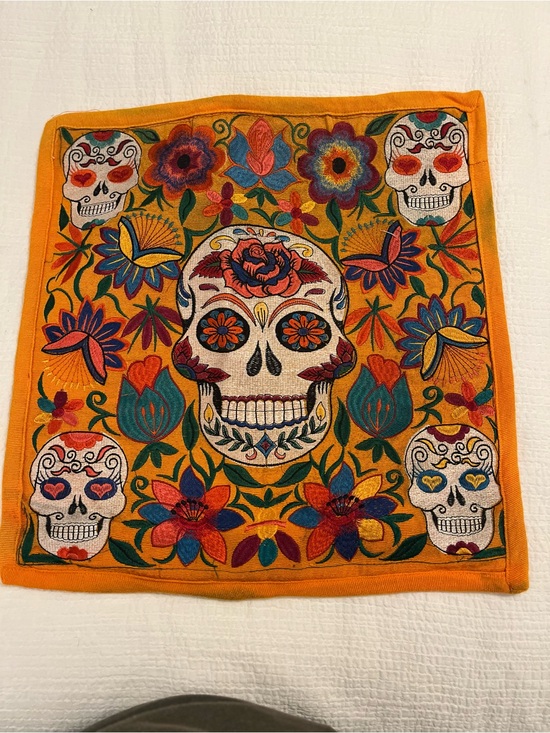 Other - Embroidered Sugar Skull - Vibrant Orange Pillow cover.
